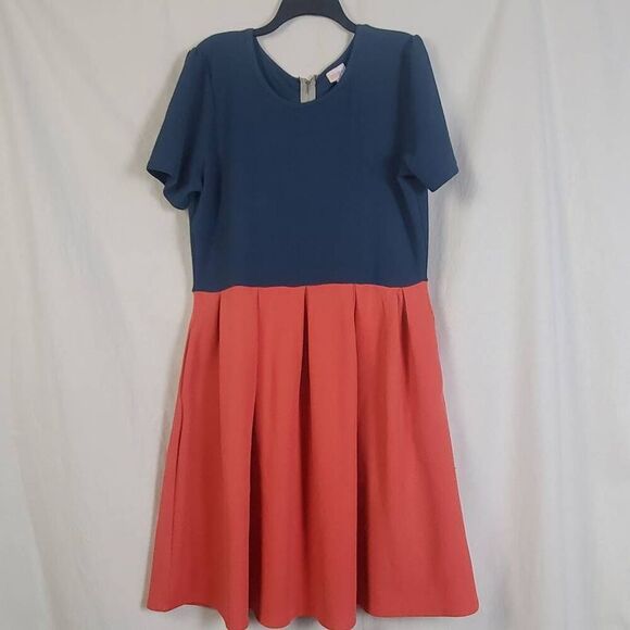 LuLaRoe 3XL Colorblock Fit & Flare Dress Blue Coral Back Zip Simply Comfortable - Picture 1 of 6